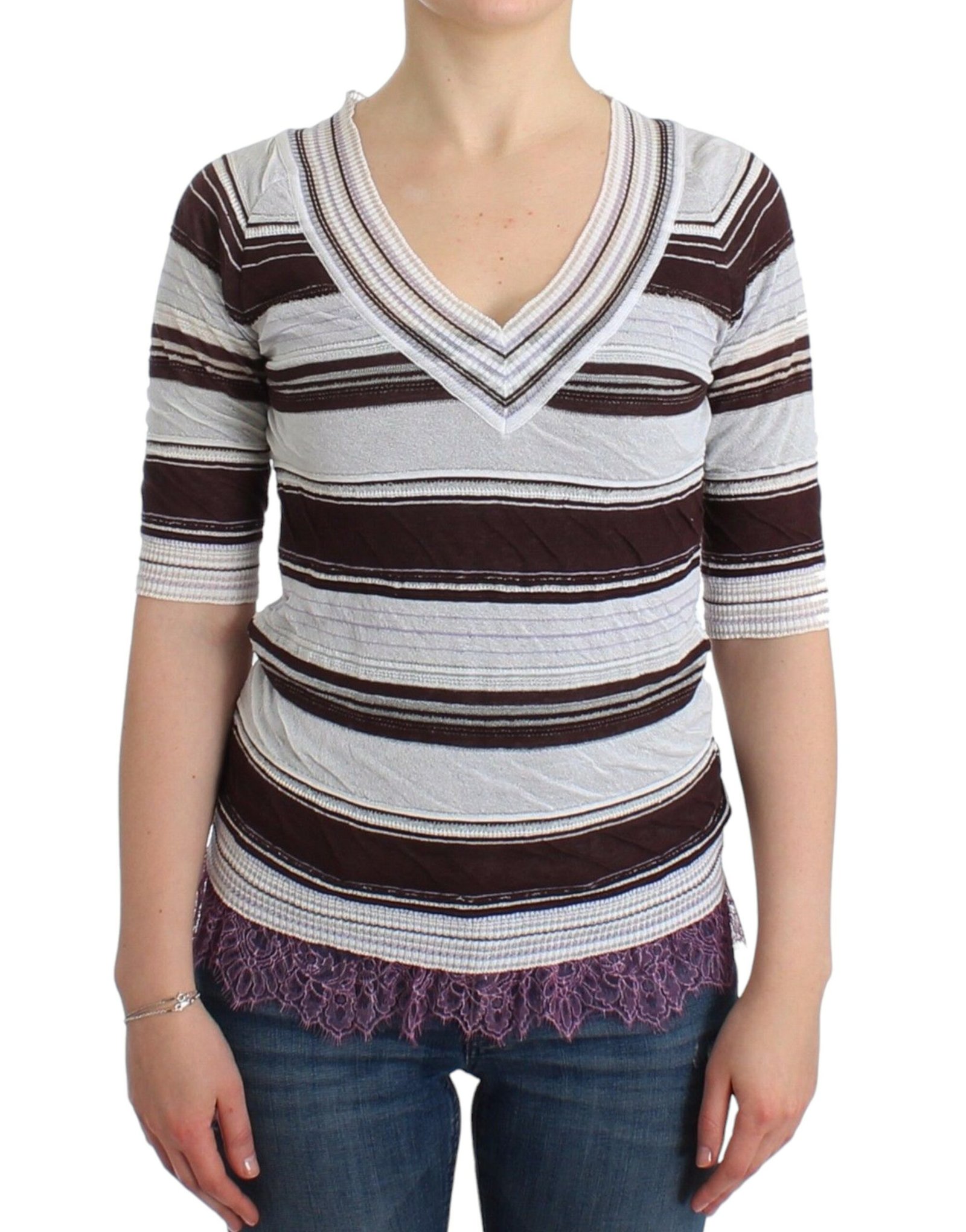 Striped V-Neck Knit Top with Lace Hem