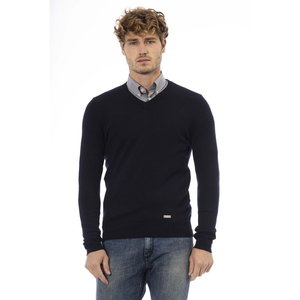 Elegant Blue V-Neck Wool-Blend Sweater