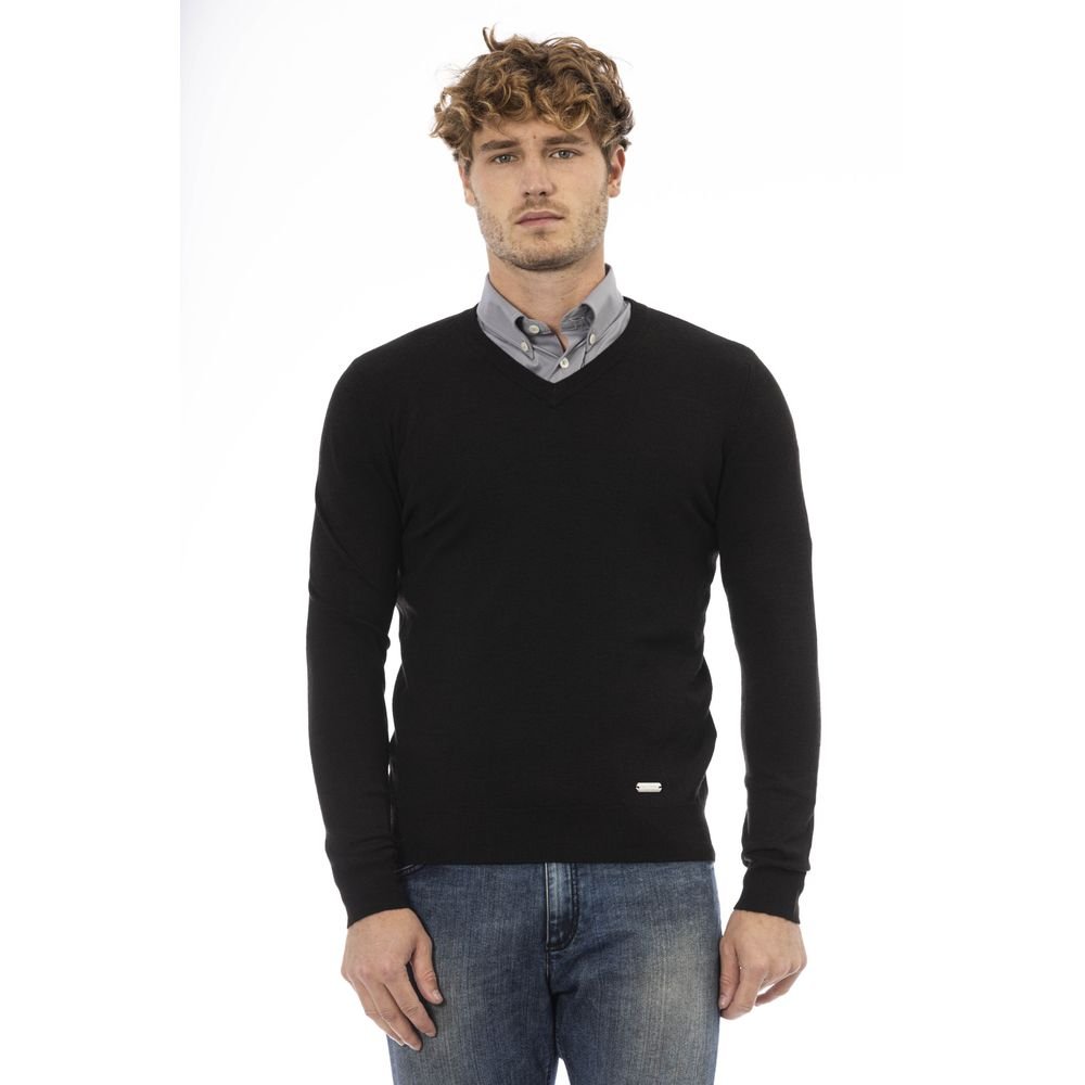 Elegant V-Neck Wool Sweater – Long Sleeves, Ribbed Accents